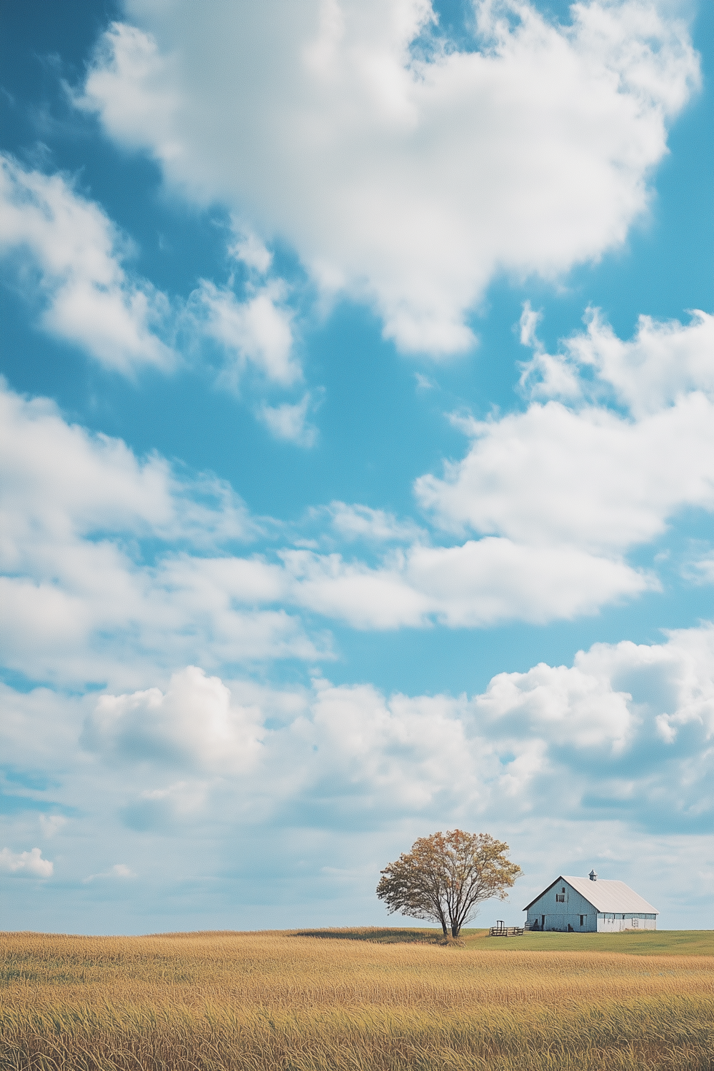 Golden grassland under a wide sky with a lone tree and a farm building